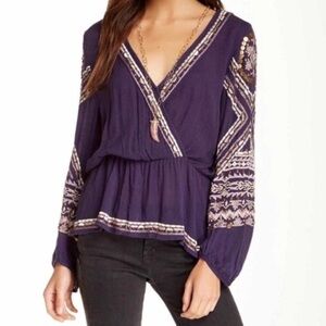 Free People Stitch Up Your Heart Purple Beaded Embroidered Blouse | Size Medium
